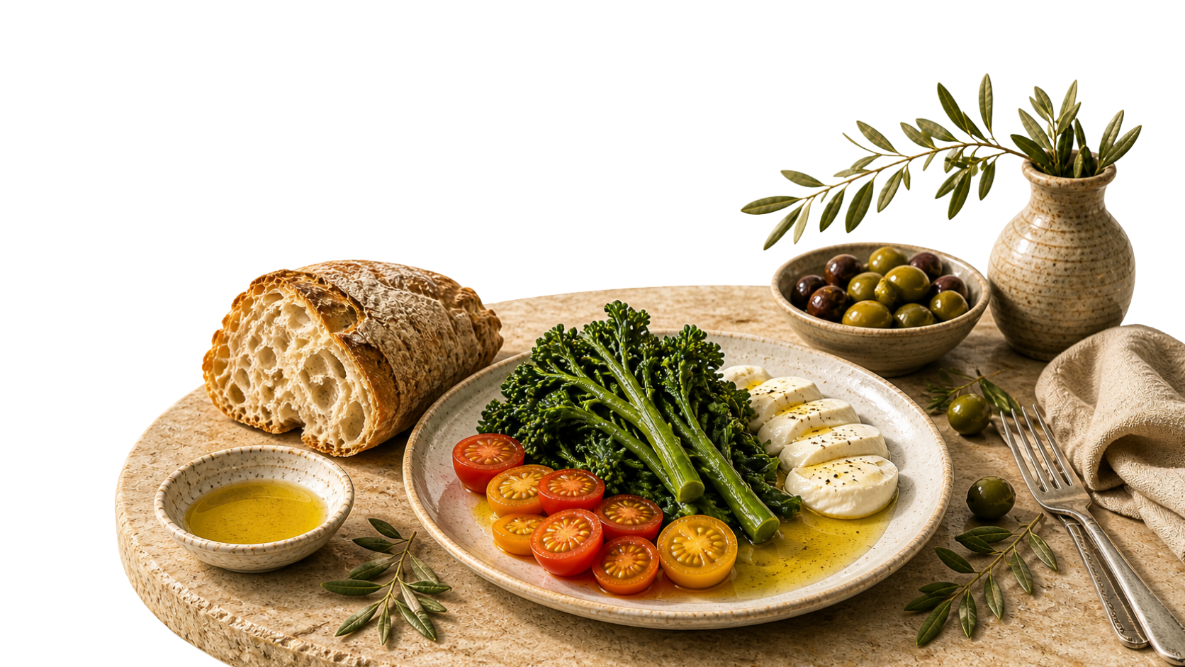 Mediterranean table with bread, tomatoes, greens, olives, and olive oil