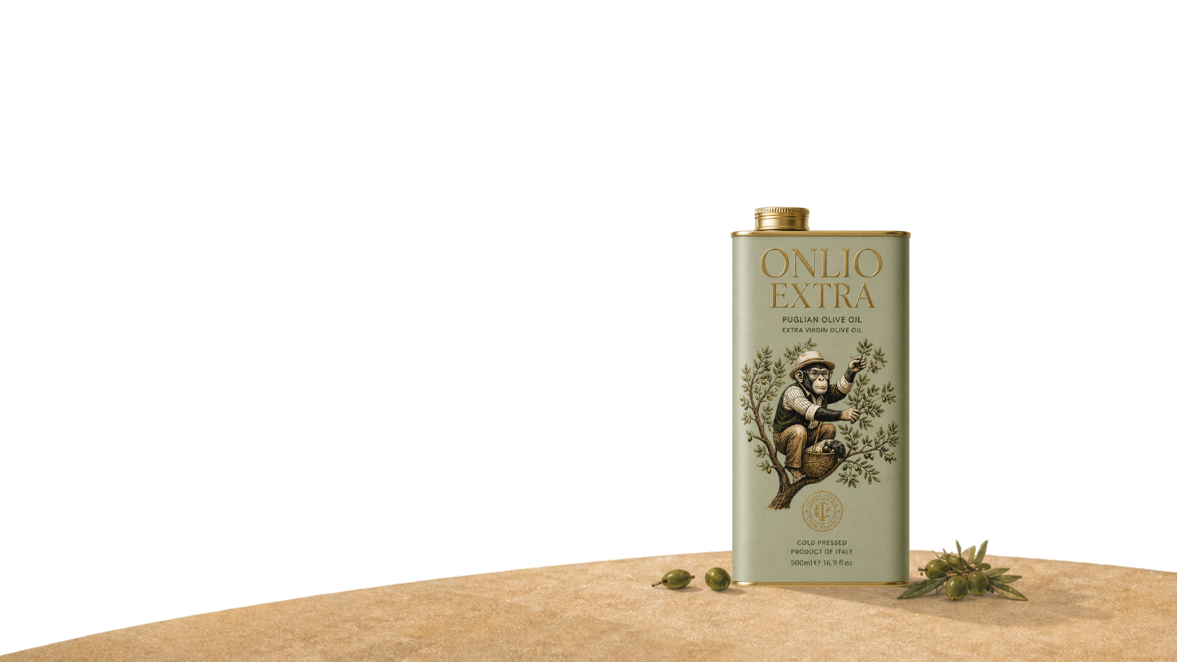 Onlio Extra olive oil tin on a warm foreground hill