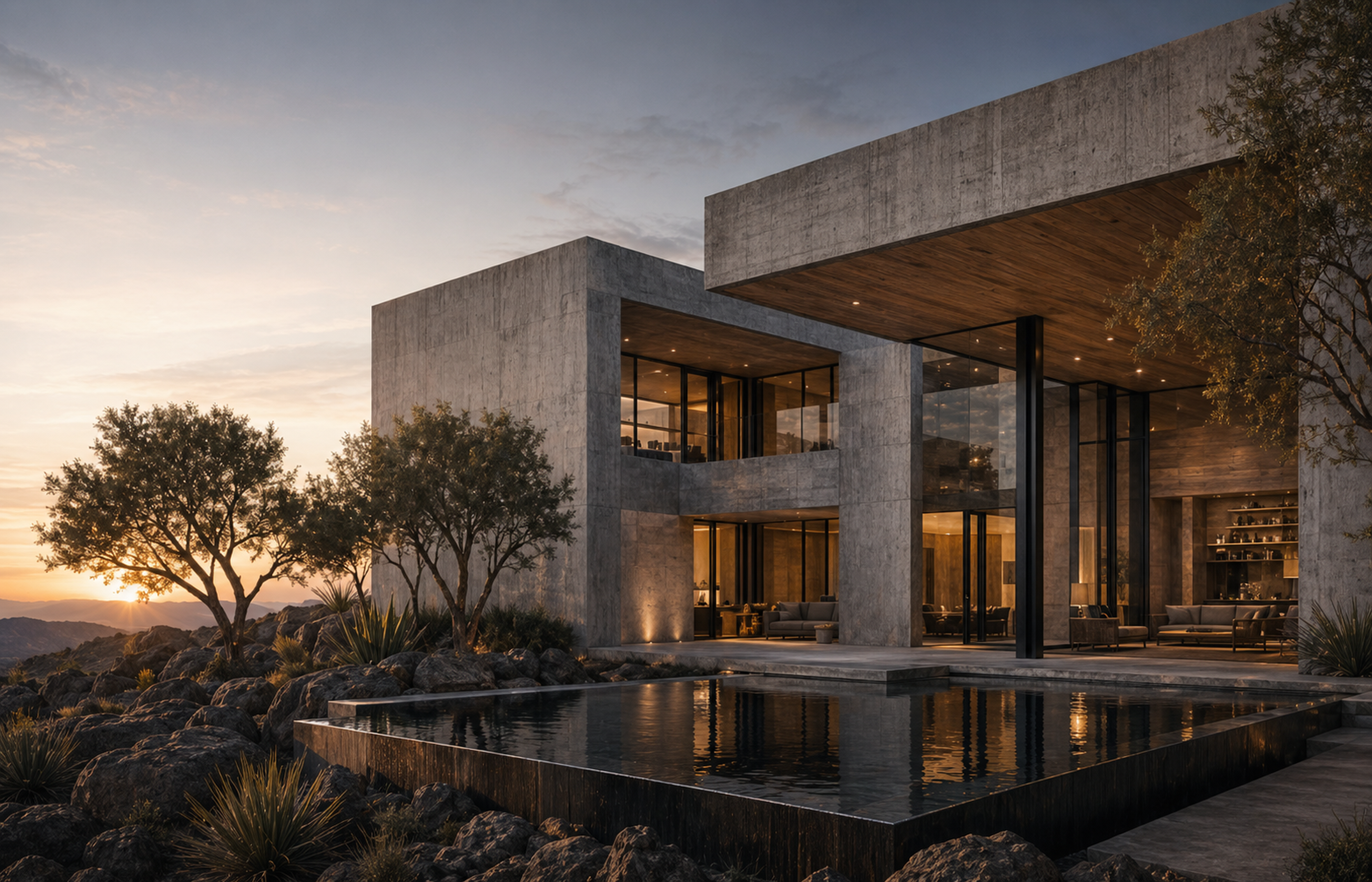 Basin Court at dusk — concrete bars framing a desert reflecting pool.