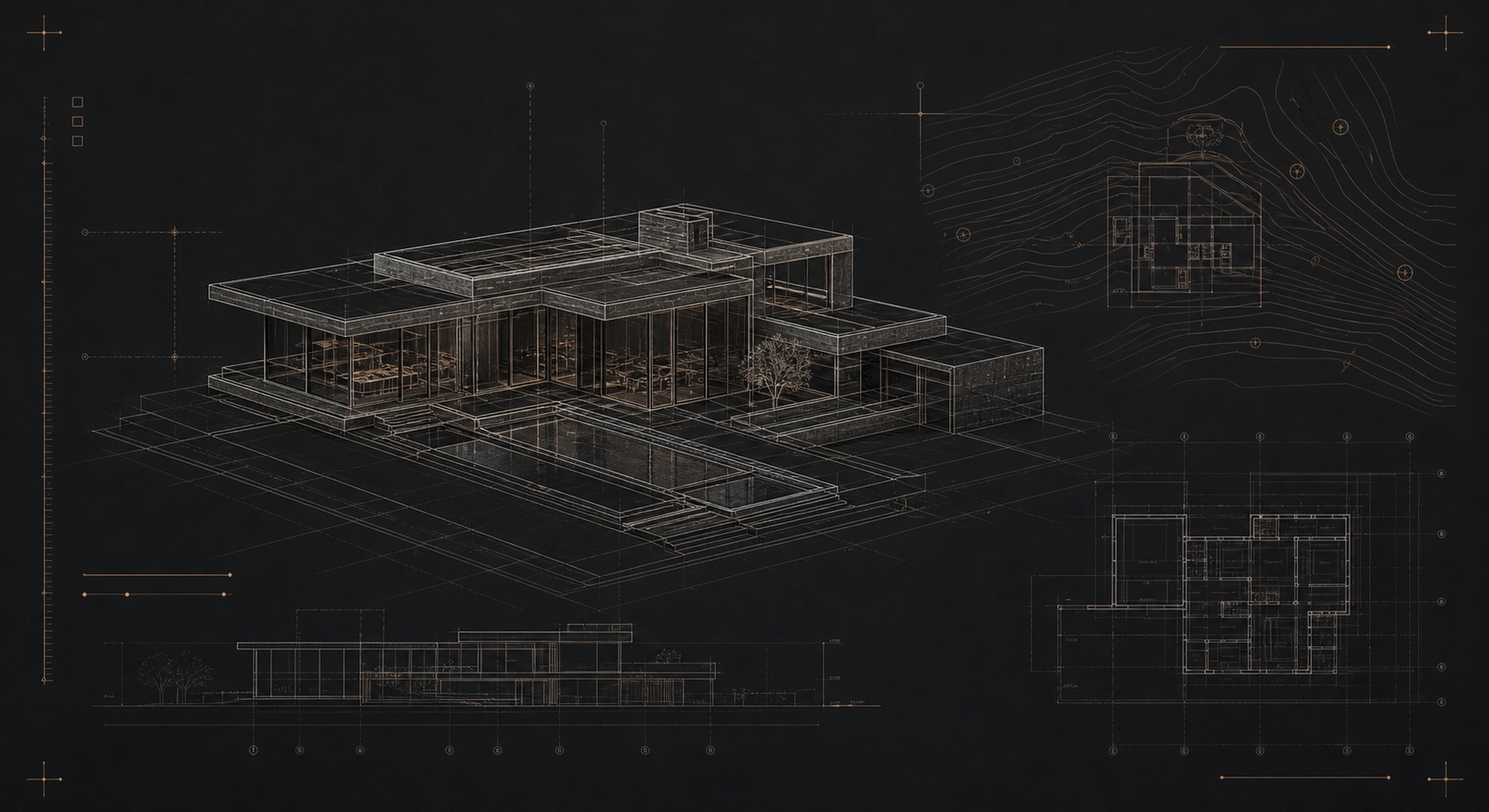 Wireframe study of a residence — plan, axon, and section.