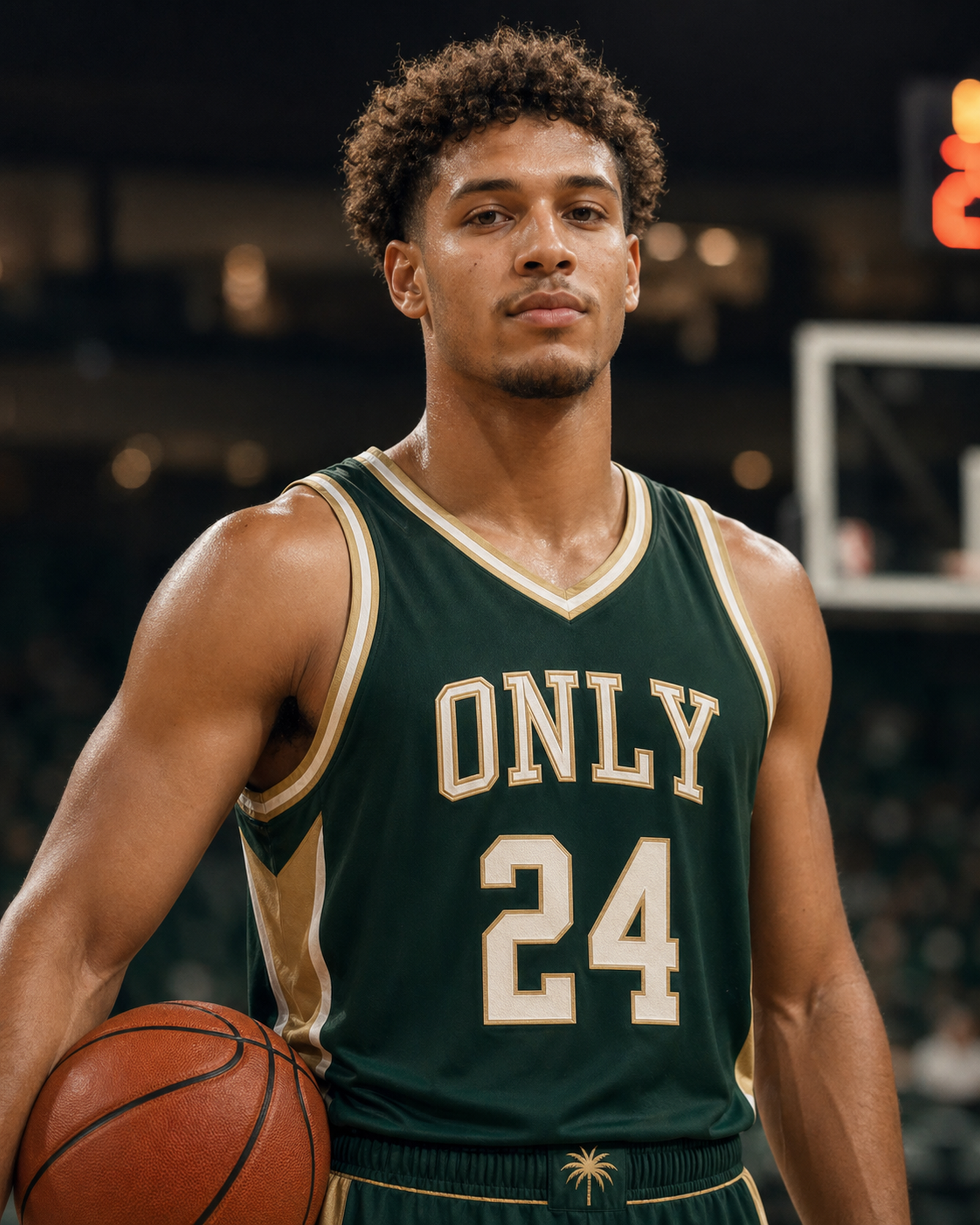 A basketball player in green and gold Only University colors on the arena floor.