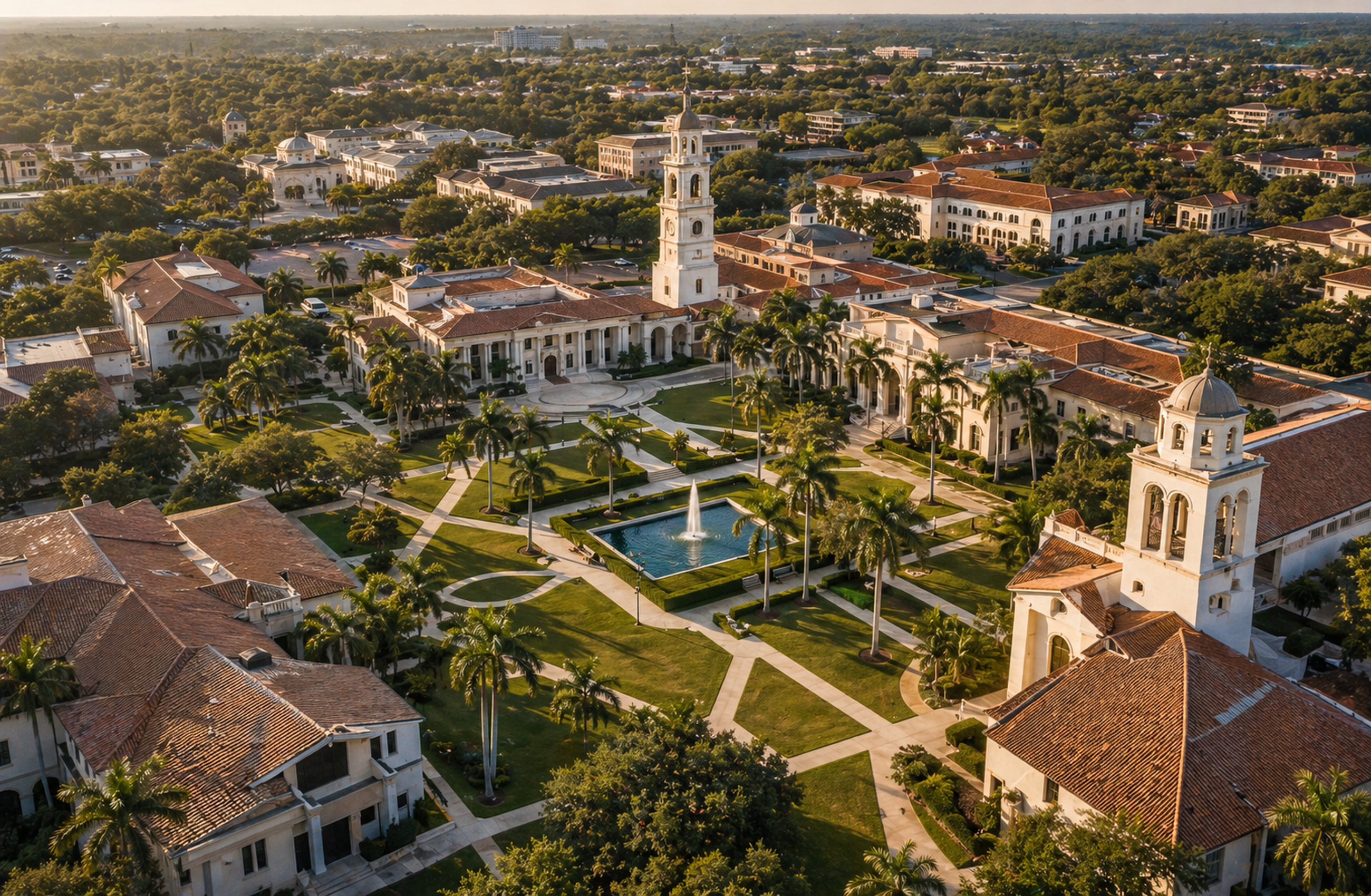 Aerial view of the Mediterranean Revival Only University campus, palms and courtyards in late afternoon light.