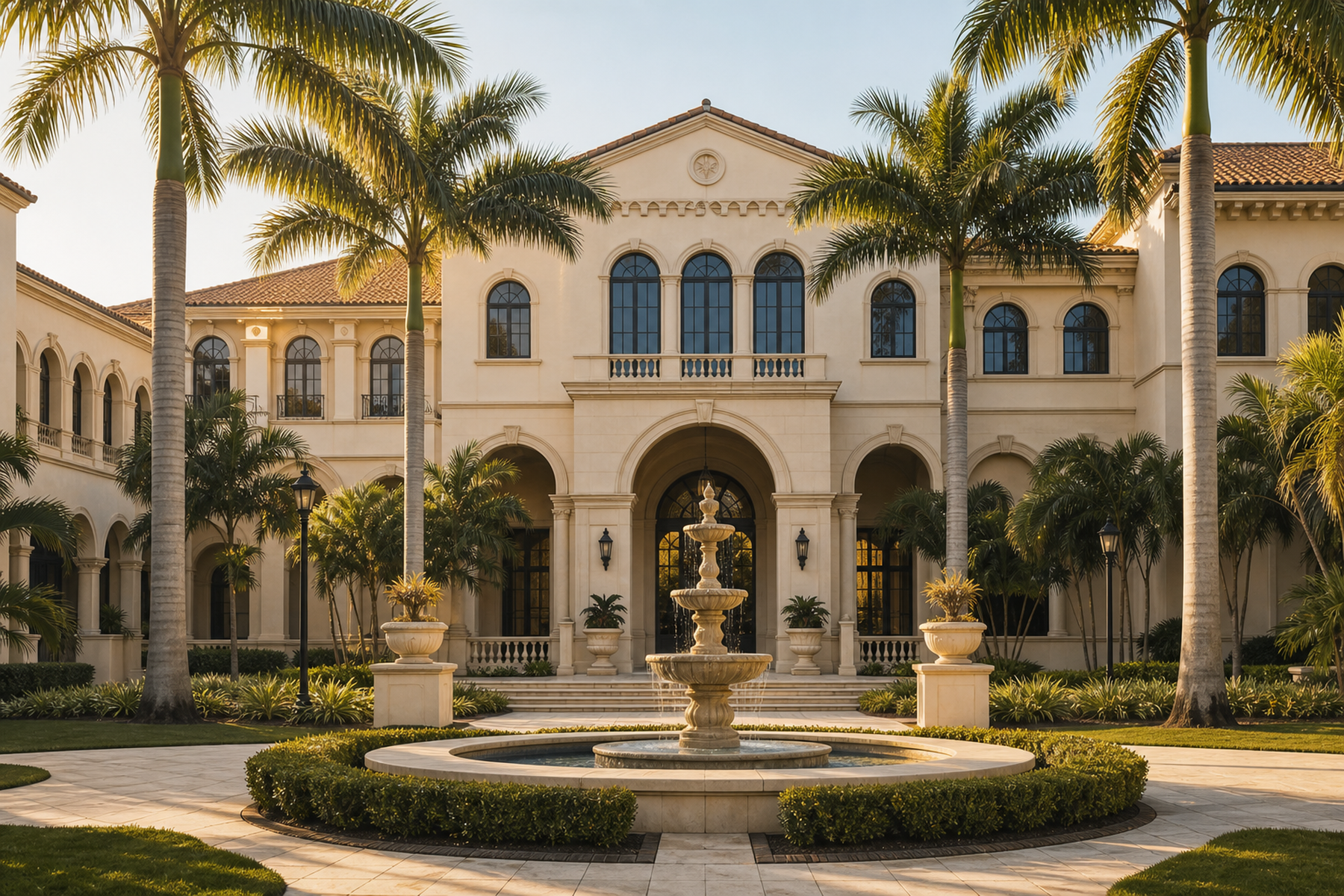 Mediterranean Revival academic building with palms and entry fountain.