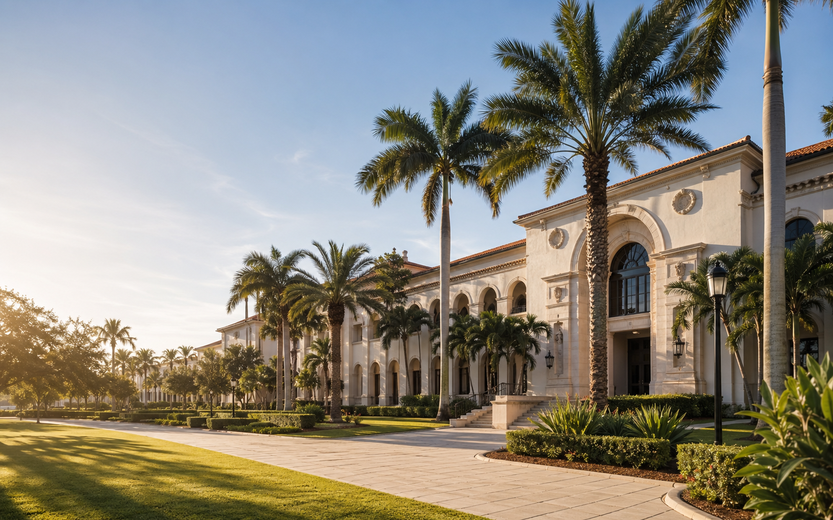 Mediterranean Revival academic buildings on the Only University campus, framed by palms in warm Boca Raton light.