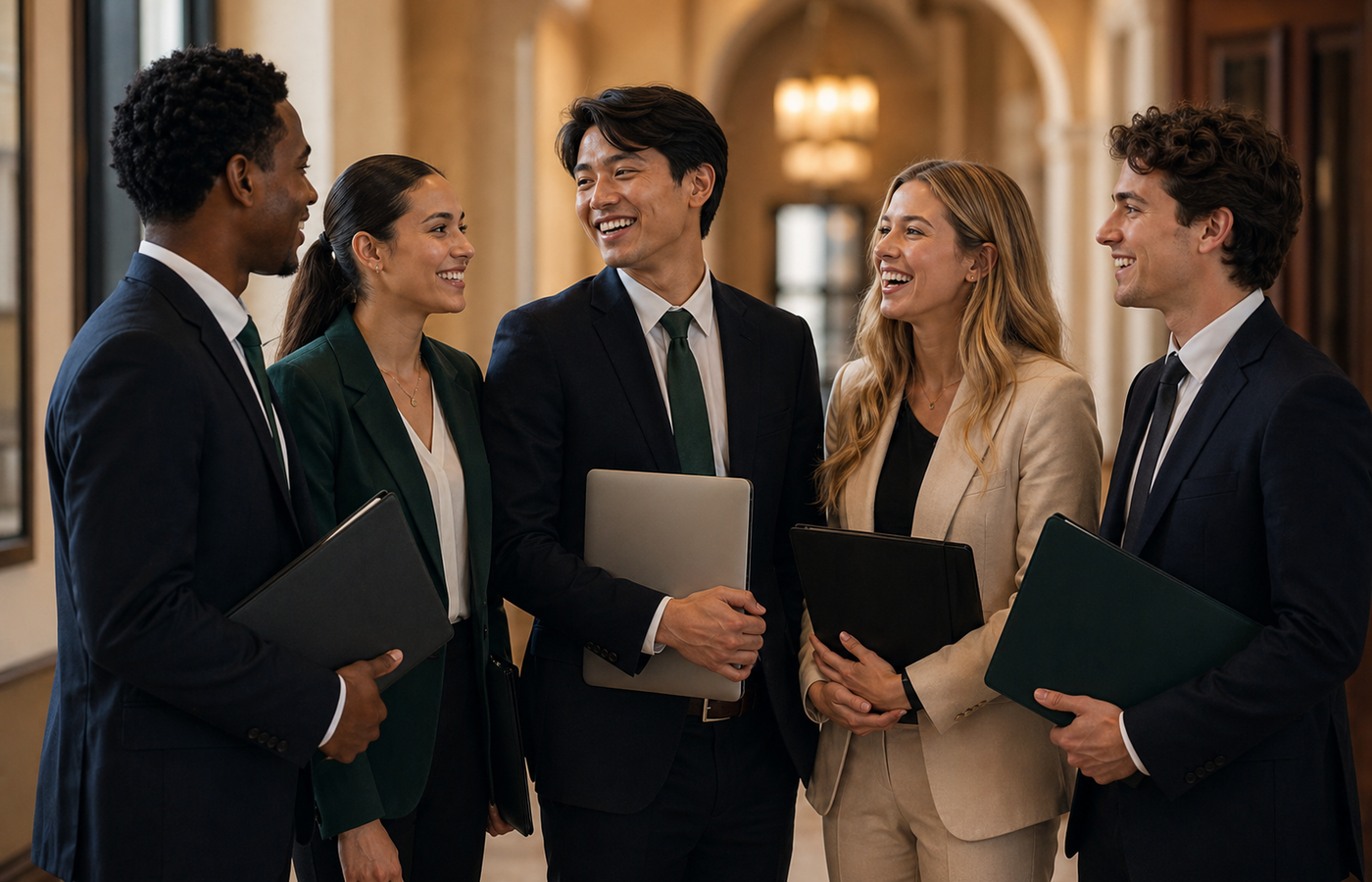 Business students in presentation attire standing together after a national case competition.