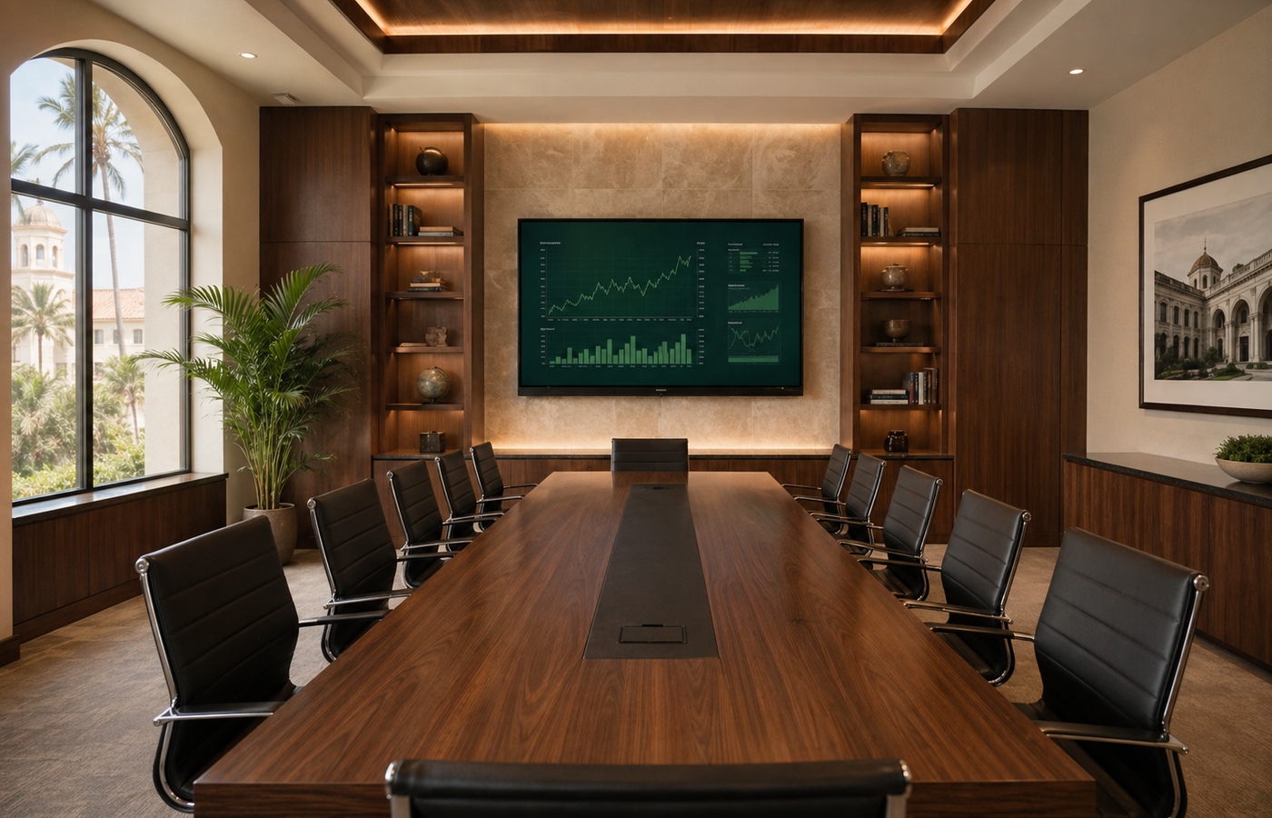 Polished business-school boardroom interior with long table and presentation screen.