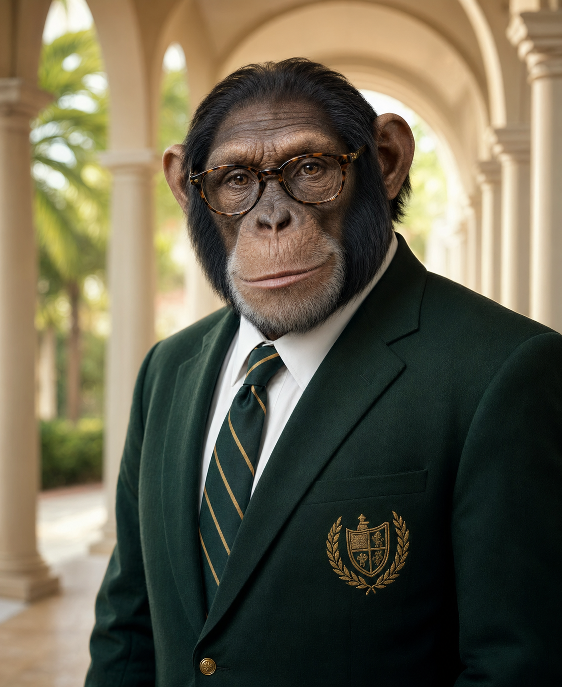 Ralph, President of Only University, in a deep green academic blazer, photographed in a campus colonnade.