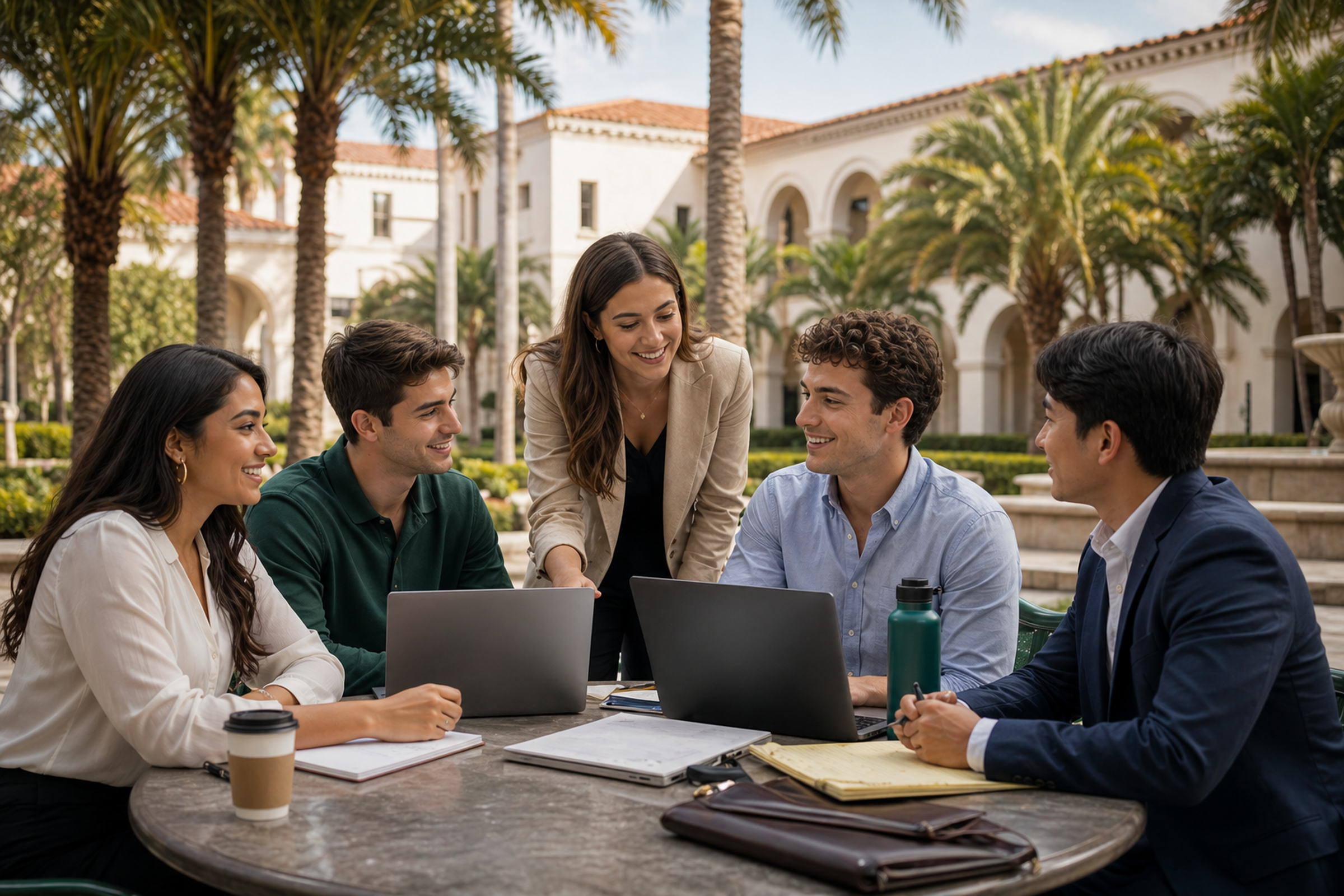Students gather at an outdoor courtyard table on a sunlit Boca Raton campus.