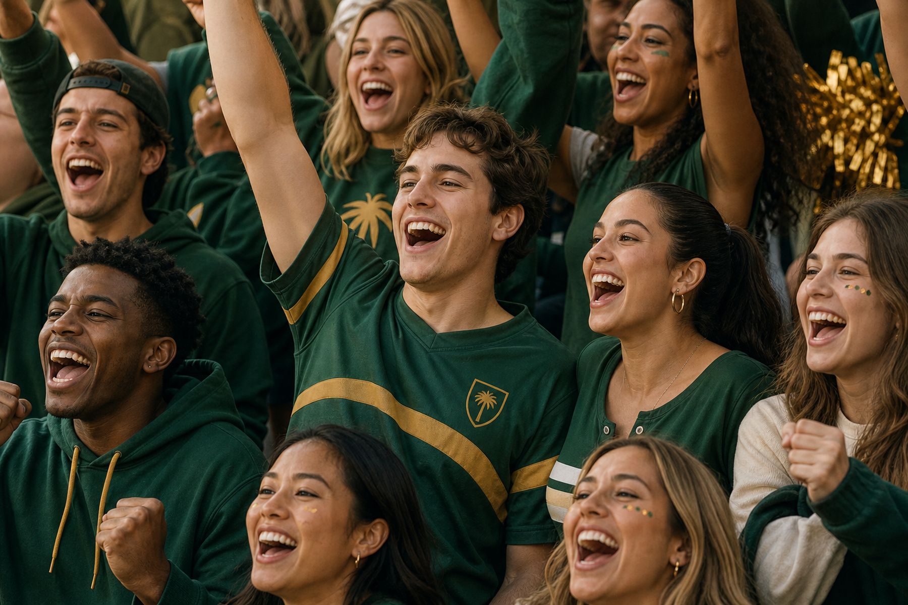 Students in green and gold cheering at a campus event.